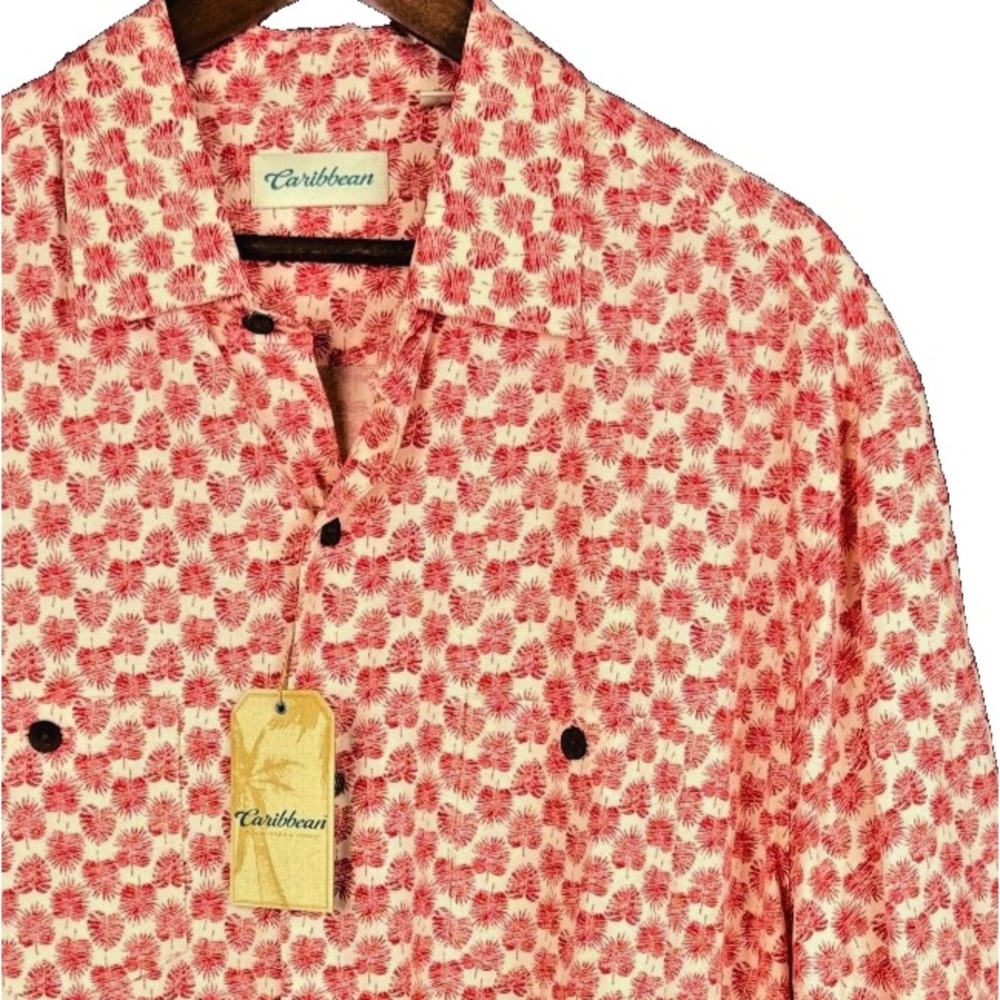 Caribbean NWT Mens XL Short Sleeve Hawaiian Aloha Shirt Palm Tree Red Pink